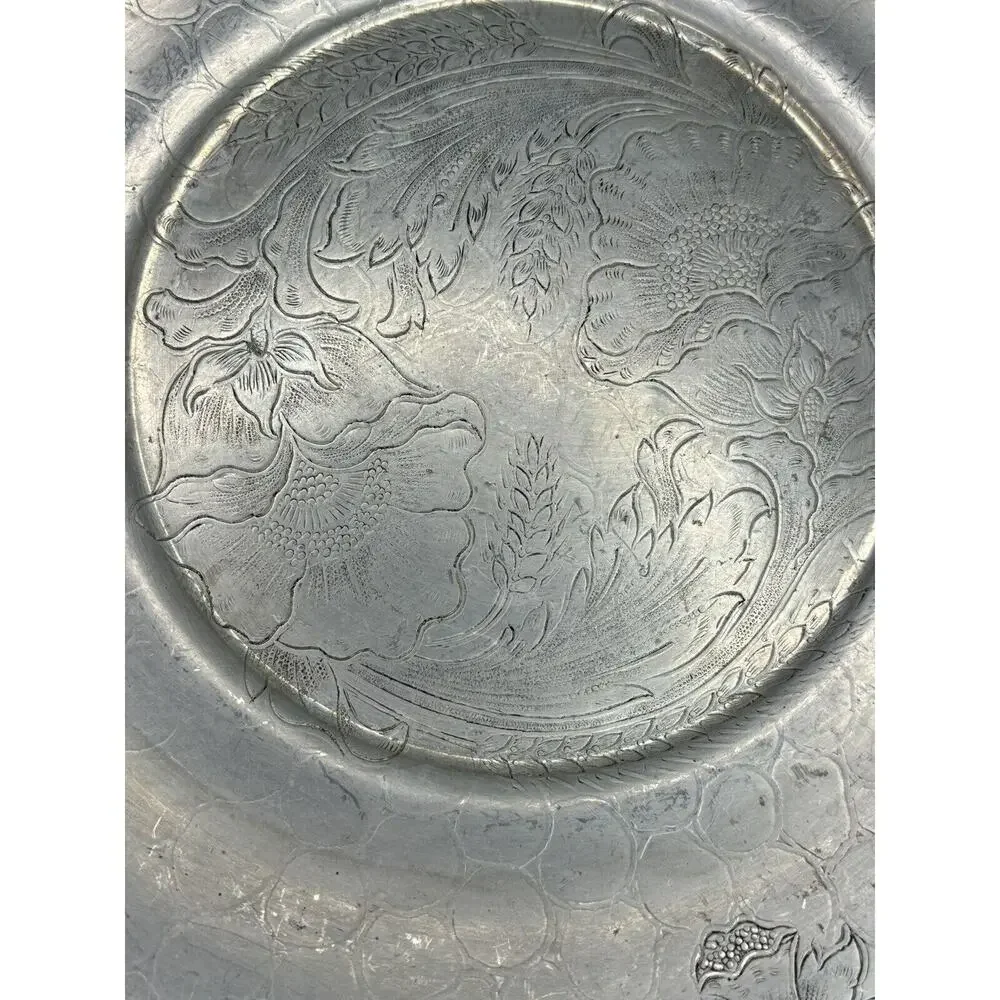 Lot Of 3 Vintage Embossed Aluminum Serving Pieces Tray Bowl Basket Mid Century